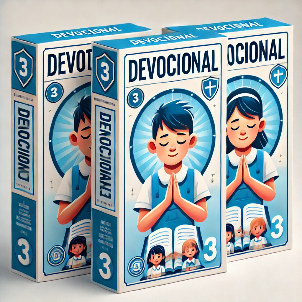 DALL·E 2024-07-29 22.38.26 - Packaging design for a children's devotional book in the style of the provided example. The design features primary colors blue and white. At the top,